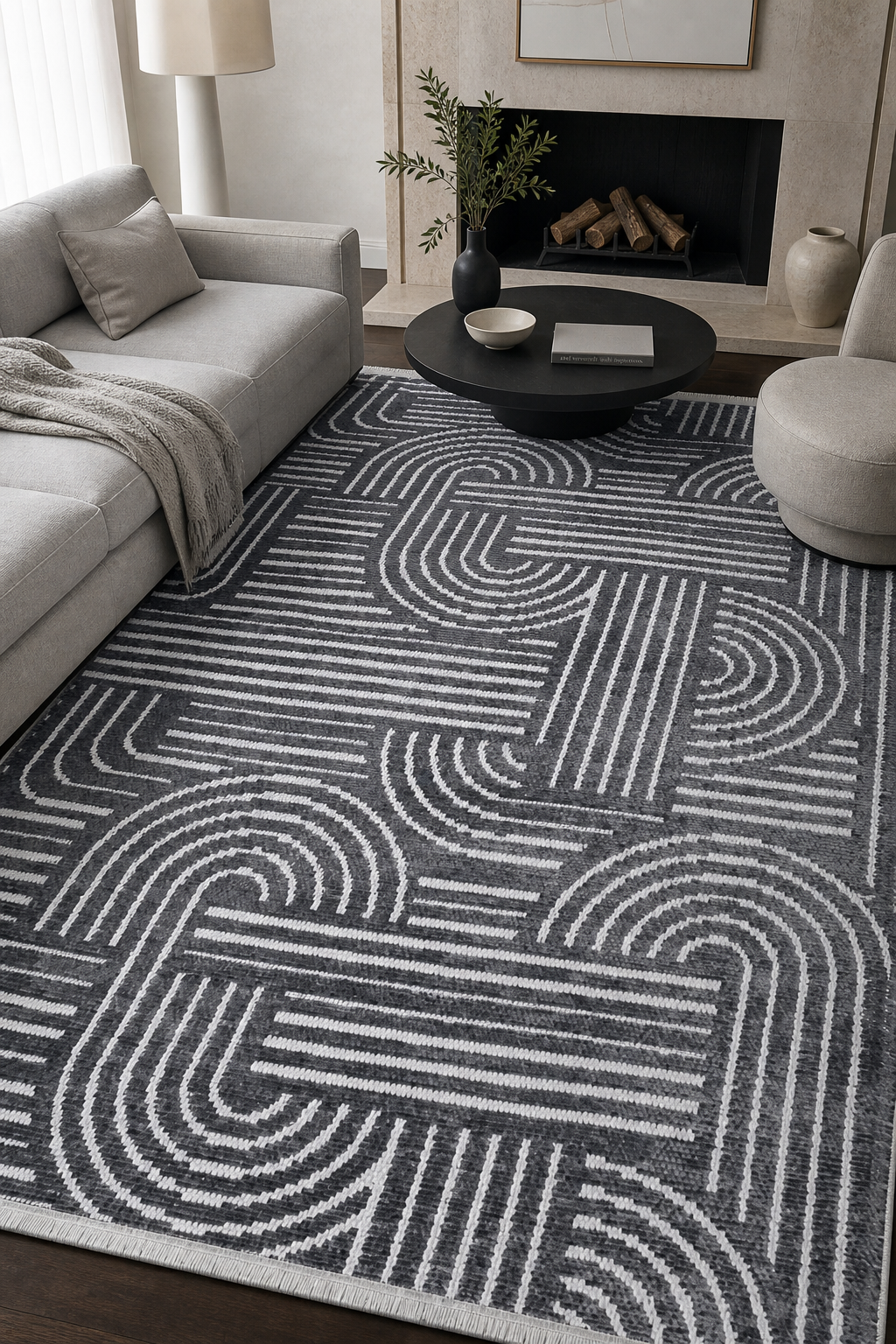 ZELVE Antrasit Beyaz Kaymaz Taban Özel Ölçü Yıkanabilir Kilim