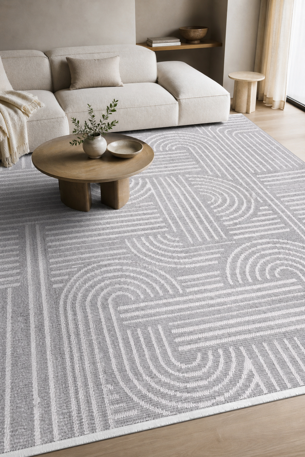 ZELVE Özel Ölçü Gri Beyaz Kaymaz Taban Yıkanabilir Kilim