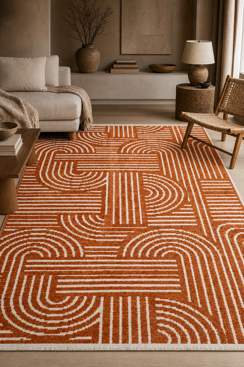 Kiremit Beyaz Özel Ölçü Kaymaz Yıkanabilir Kilim Halı