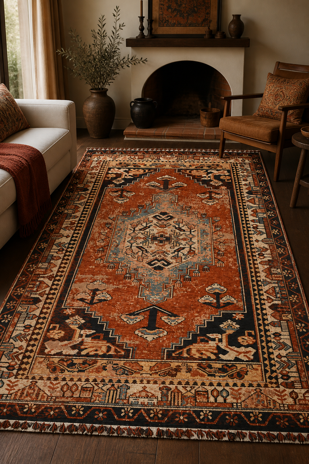 Narhan Kiremit Oturma Odası Nostaljik Kilim Hali - Robot Süpürge Uyumlu