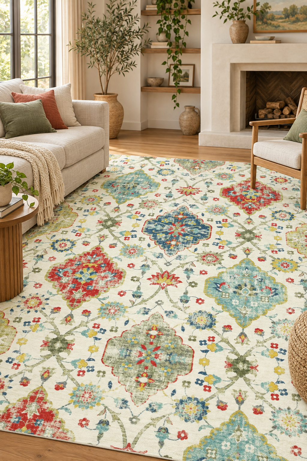 Kasbah Ekru Mavi Kiremit Yeşil Modern Makinede Yıkanabilir Halı